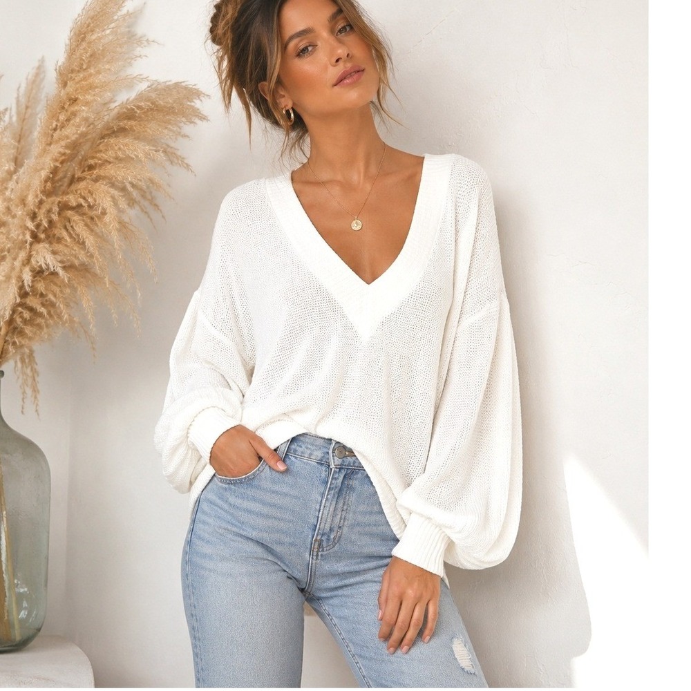 Lulus Ivory Lightweight Knit Sweater Balloon Sleeve Oversized Top S